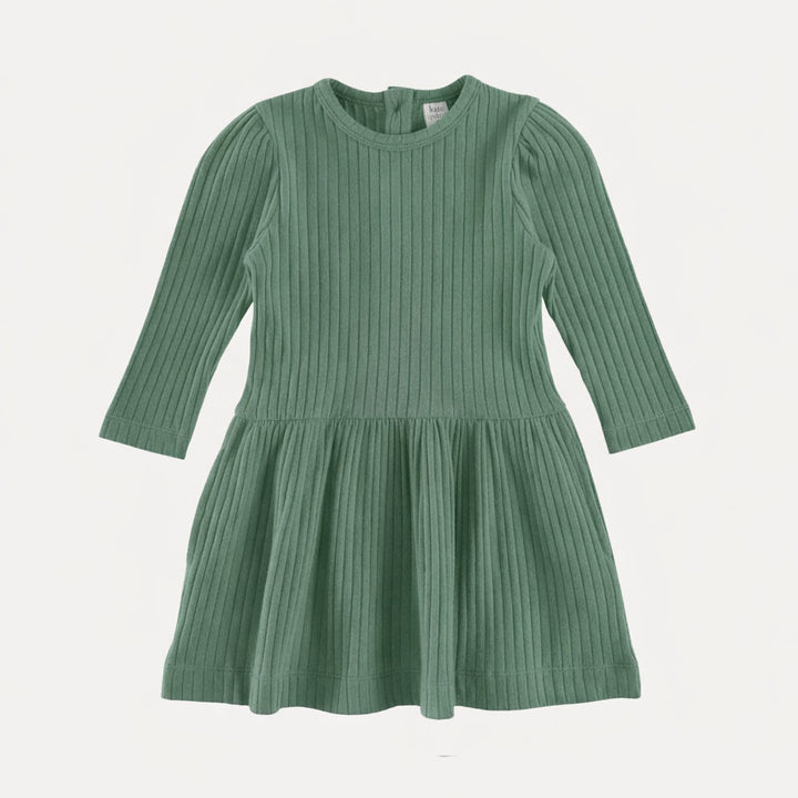 long puff sleeve drop waist dress | forest | organic cotton wide rib