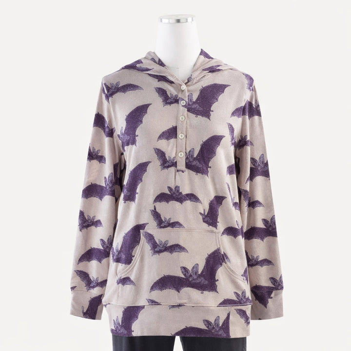 womens long sleeve henley pocket hoodie | purple bats | organic cotton interlock