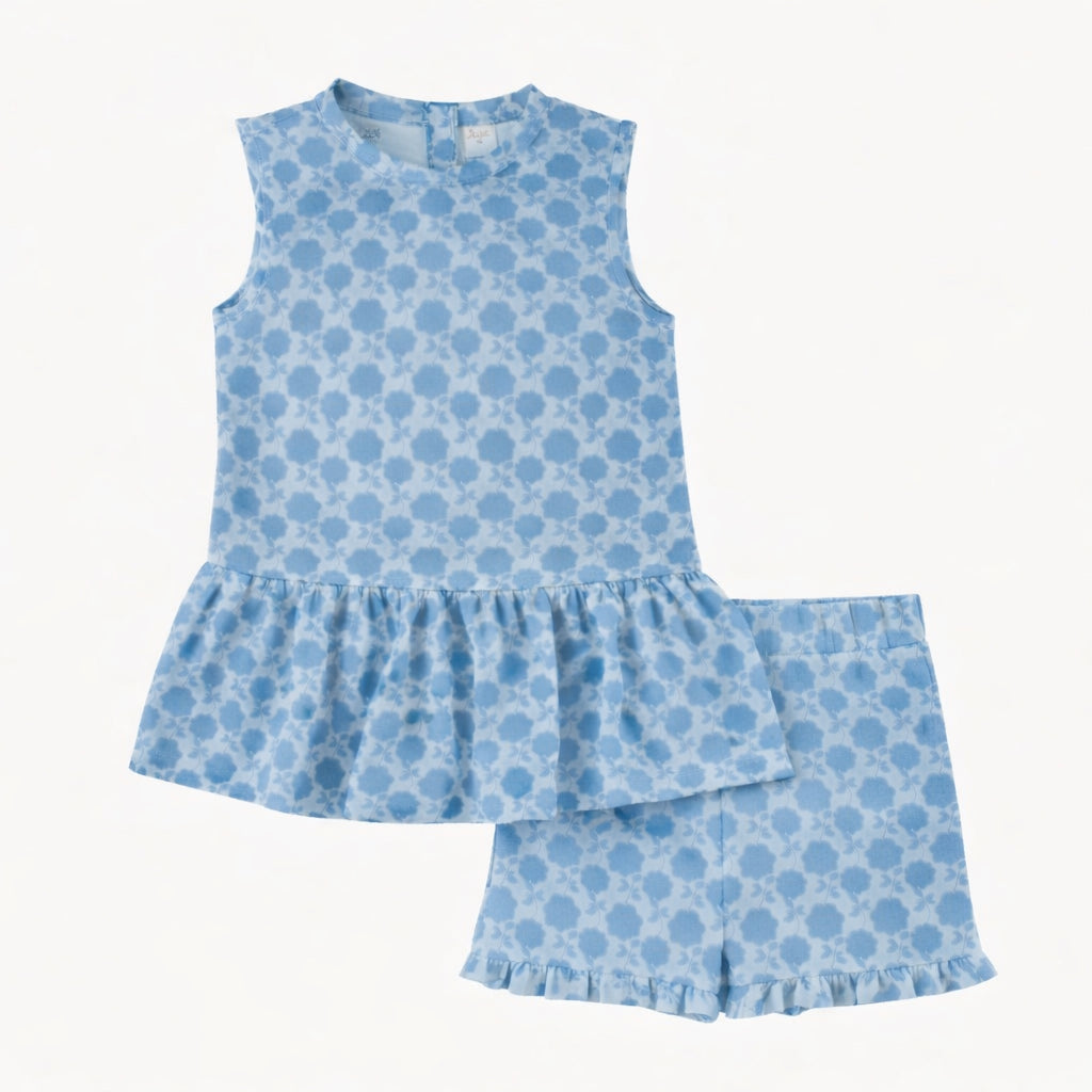 sleeveless kate top + ruffle short set | blue calico | organic cotton jersey