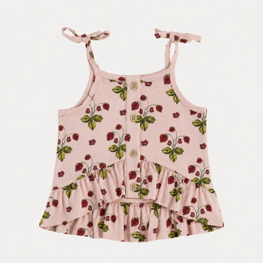 PREORDER spaghetti tie ruffle button top | strawberry mauve chalk | organic cotton interlock