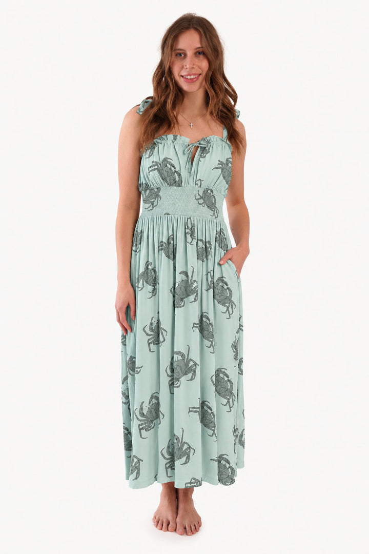 PREORDER womens spaghetti tie winnie dress | green crab | modal