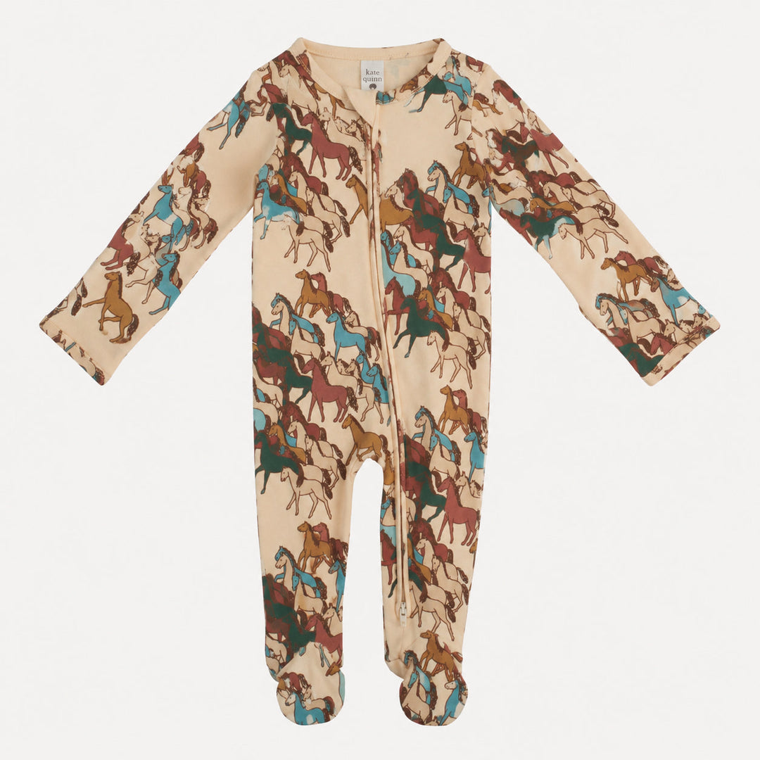 PREORDER long sleeve two way zipper footie | horse party | organic cotton interlock