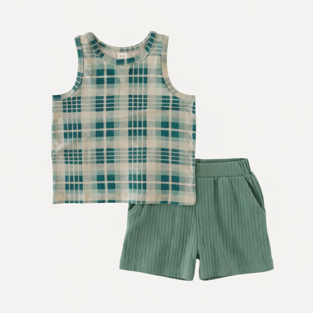 topstitch tank + relaxed short set | balsam plaid | organic cotton jersey