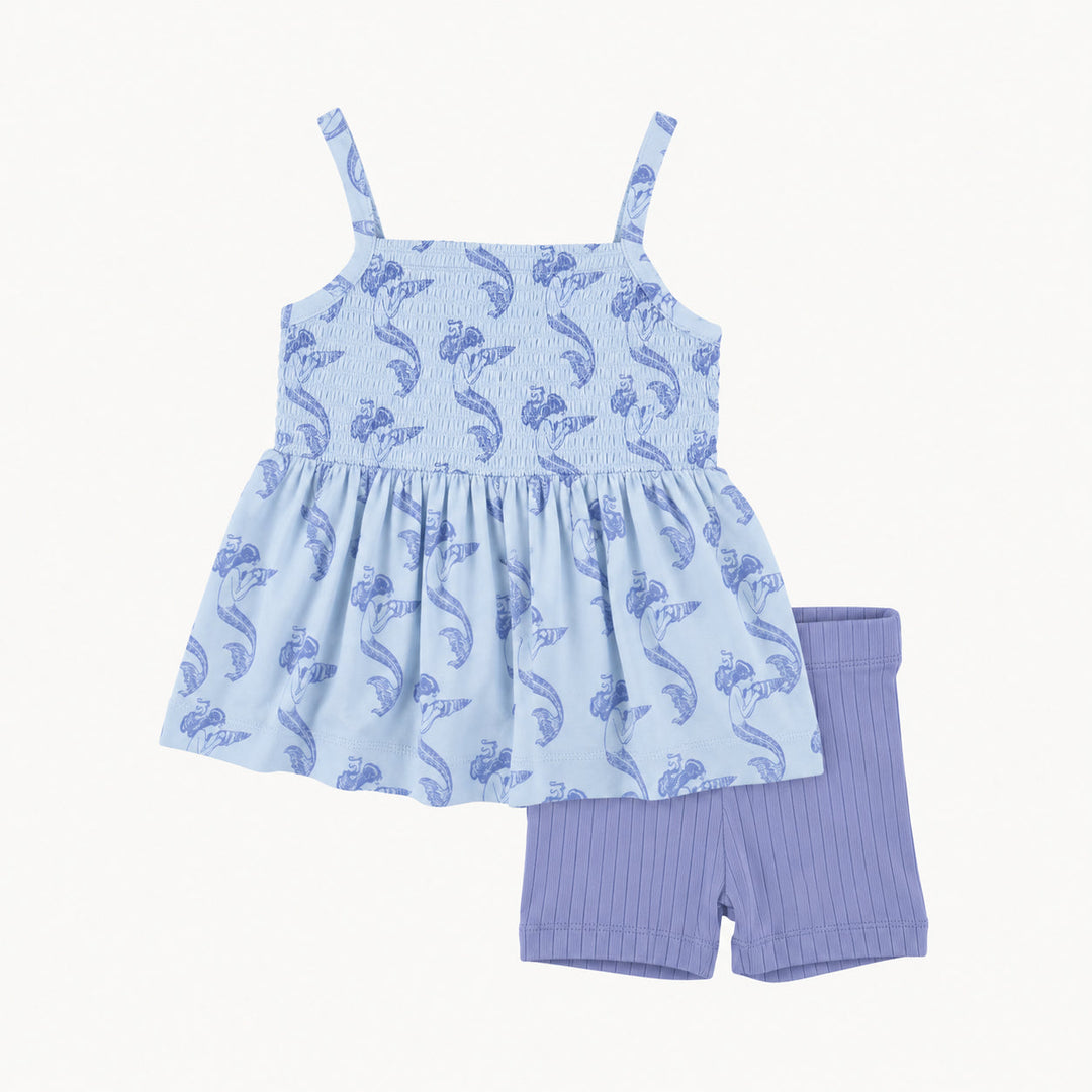PREORDER spaghetti tie smocked ruffle top and bike short set | mermaid shell | modal