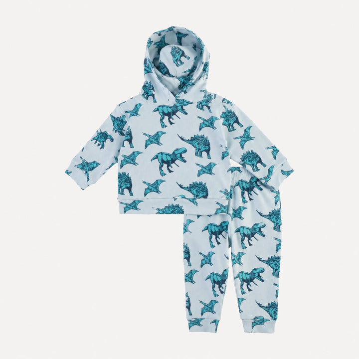 PREORDER long sleeve hooded cuffed jogger set | aqua dinosaur | organic cotton interlock