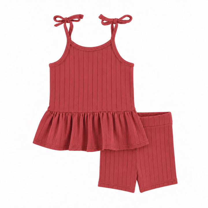 PREORDER spaghetti tie drop waist gathered top + bike short set | american beauty | woods rib