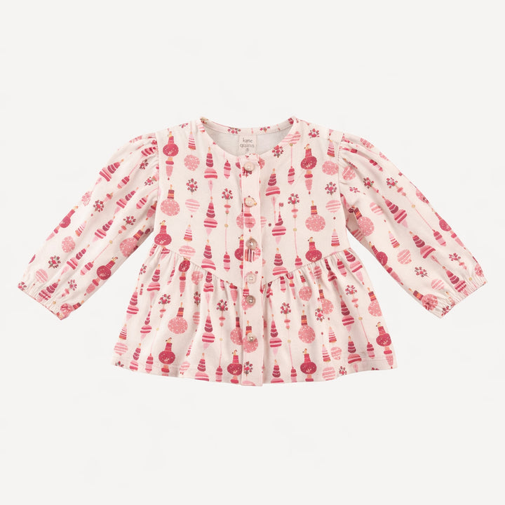 long sleeve button front v-waist top | pink vintage ornaments | bamboo