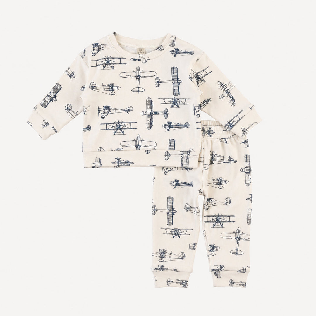 PREORDER long sleeve cuffed jogger set | vintage airplane | organic cotton interlock