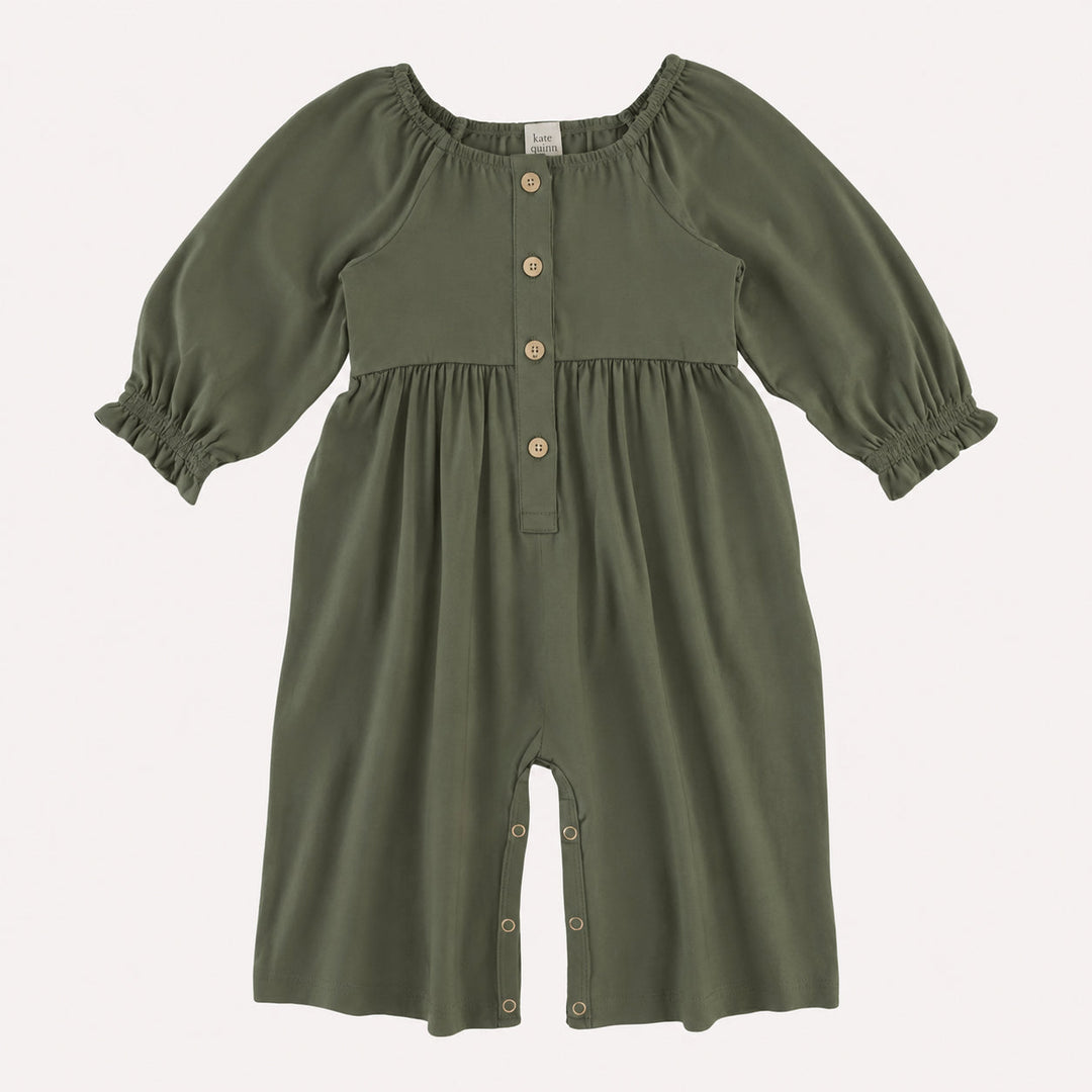 PREORDER long sleeve woodland gaucho jumpsuit | bronze green | organic cotton interlock