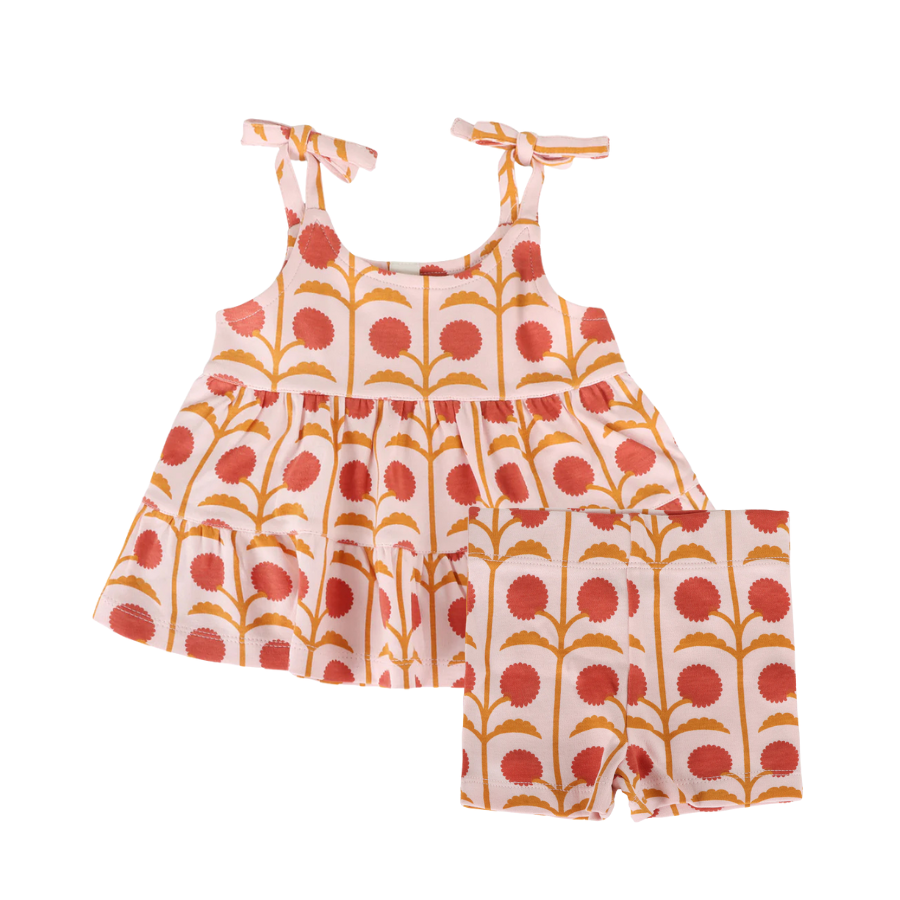 spaghetti tie prairie top + bike short set | pink dandelion puff | organic cotton interlock