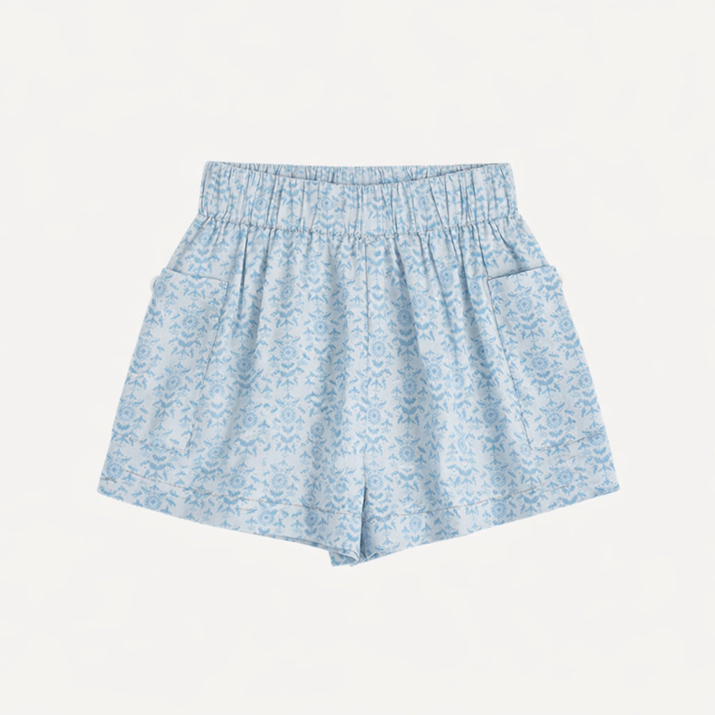gathered bubble pocket short | cornflower folk wallpaper | organic cotton gauze