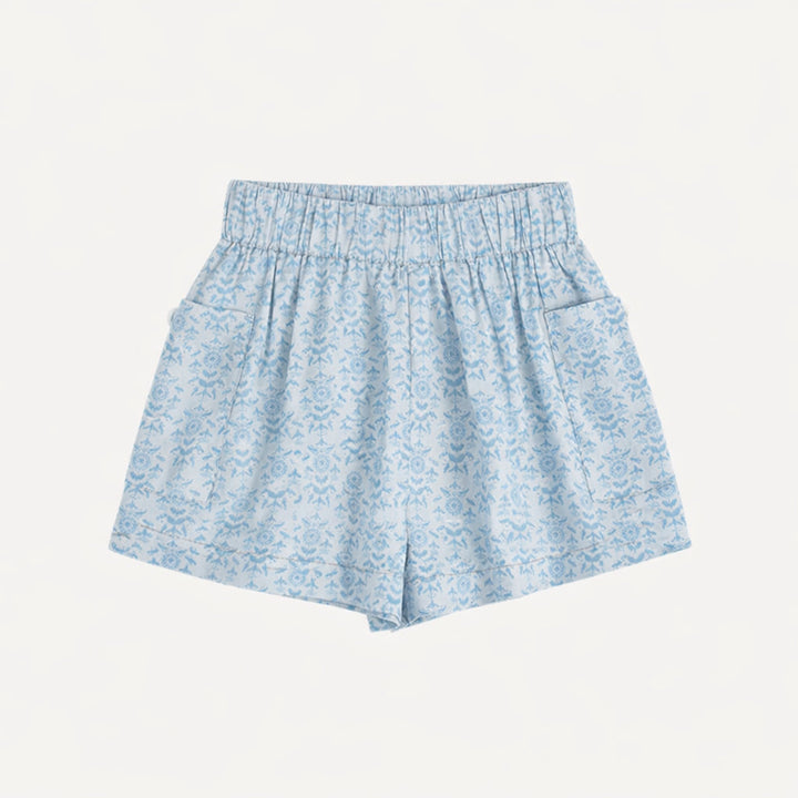 gathered bubble pocket short | cornflower folk wallpaper | organic cotton gauze