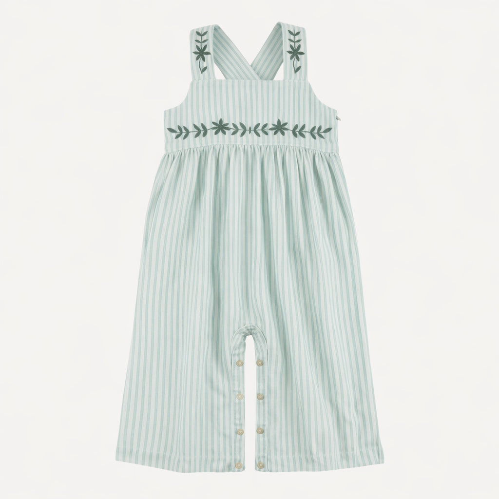 embroidered gaucho jumpsuit | forest pinstripes | organic cotton jersey