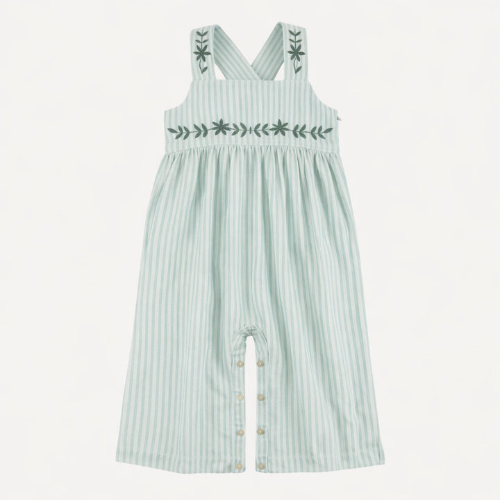 embroidered gaucho jumpsuit | forest pinstripes | organic cotton jersey