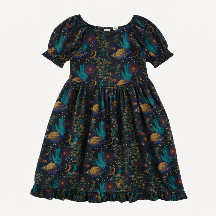 puff sleeve v-waist princess dress | mystical planets | organic cotton interlock