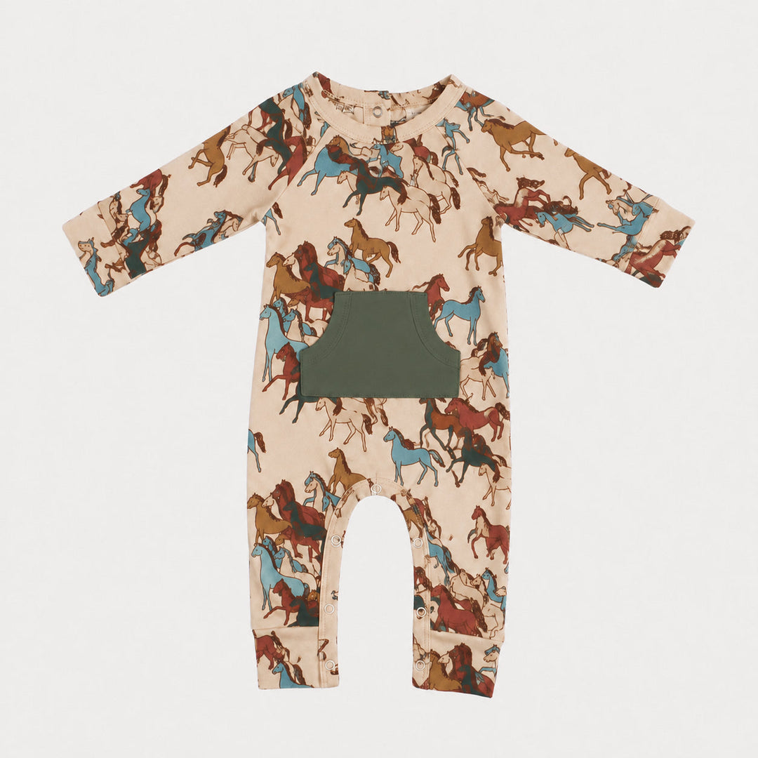 PREORDER long sleeve kanga sport jumpsuit | horse party | organic cotton interlock