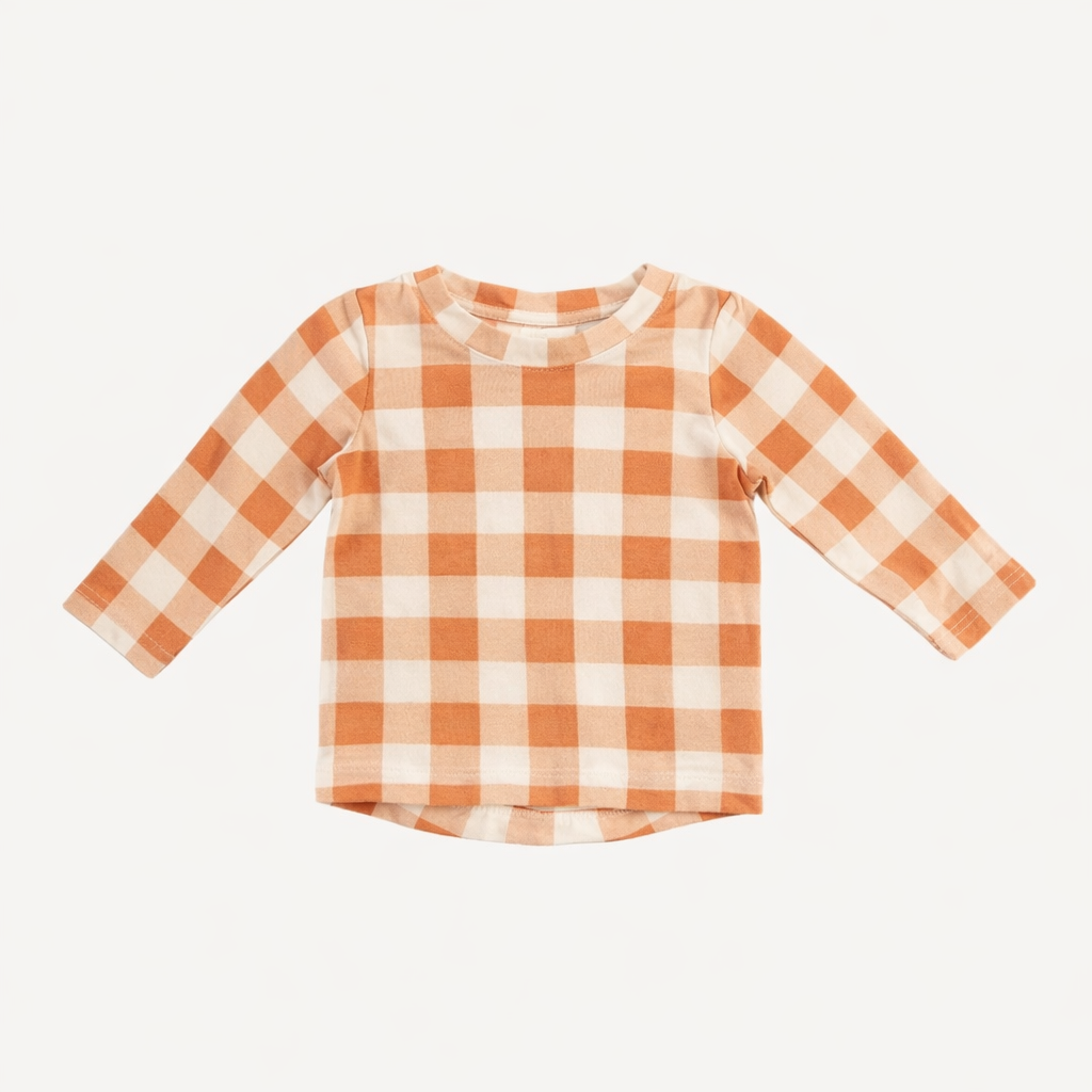 long sleeve essential boxy tee | caramel gingham | organic cotton interlock