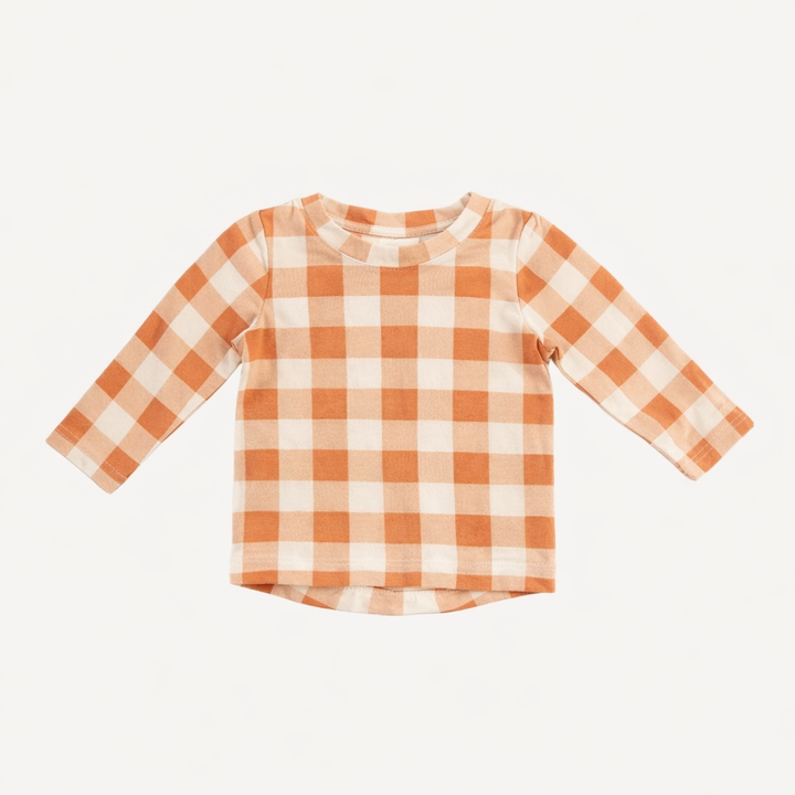long sleeve essential boxy tee | caramel gingham | organic cotton interlock