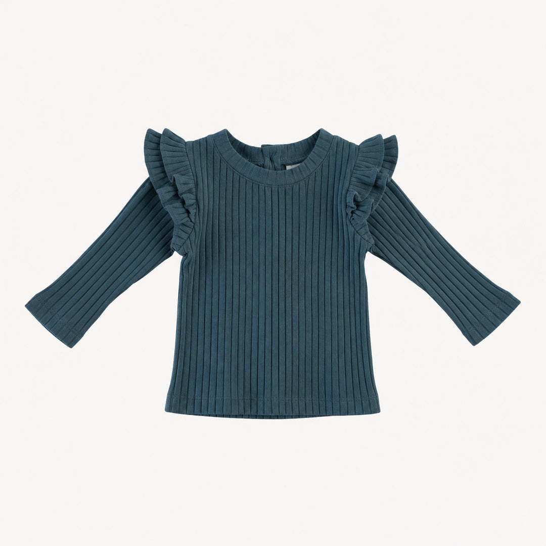 PREORDER long sleeve double ruffle shoulder top | blue slate | organic cotton wide rib