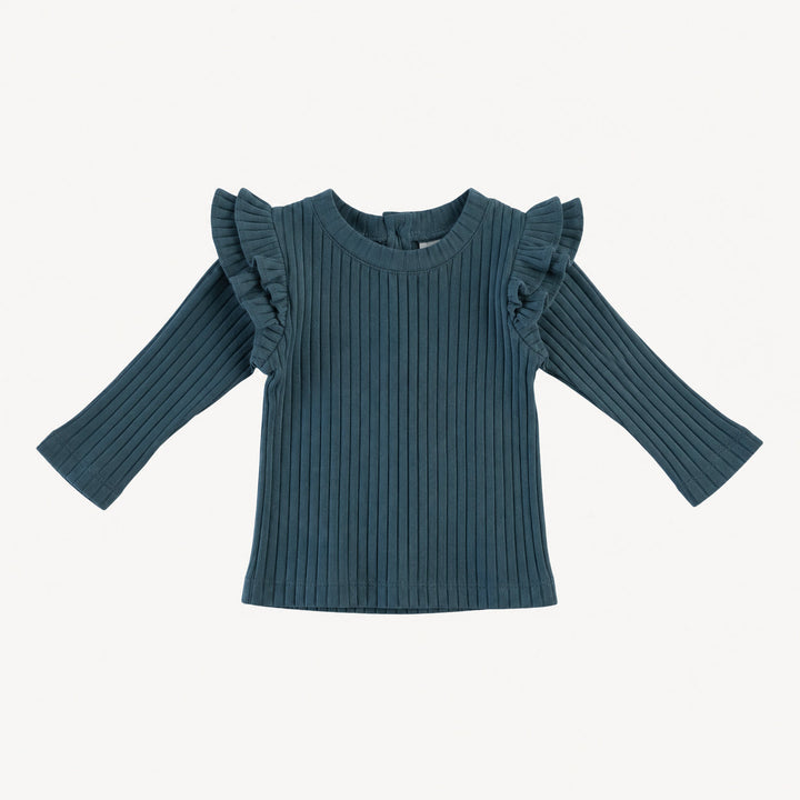 PREORDER long sleeve double ruffle shoulder top | blue slate | organic cotton wide rib