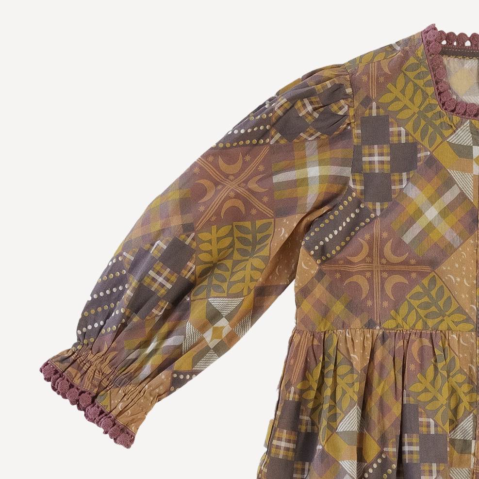 long sleeve gathered waist pom pom top | harvest quilt | ultrasoft woven