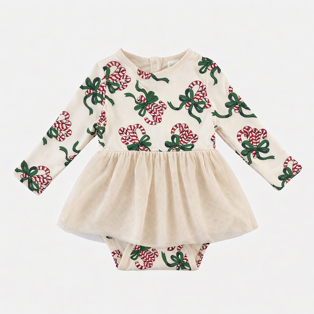 long sleeve tulle skirted bodysuit | candy canes | organic cotton flat rib