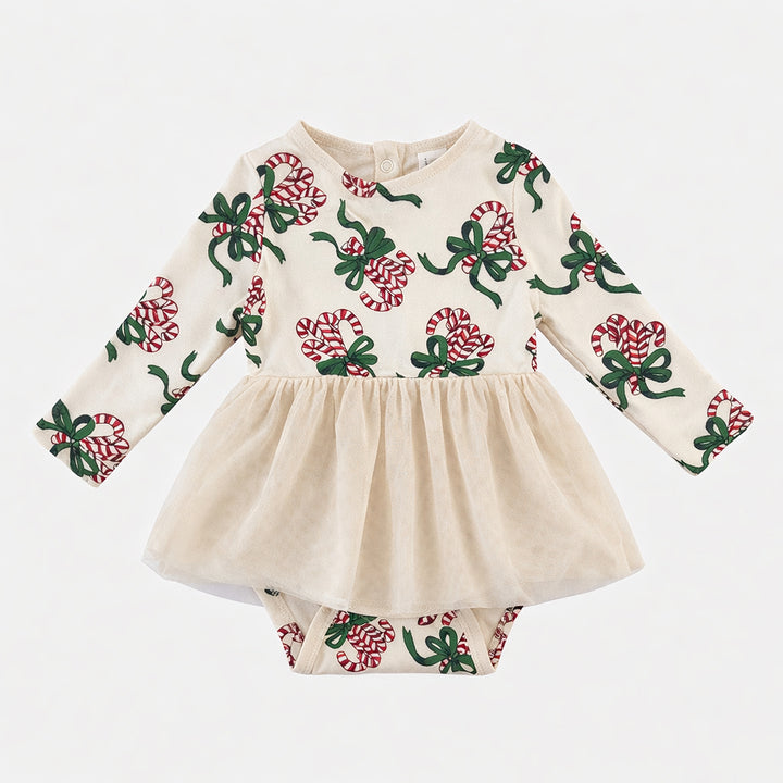long sleeve tulle skirted bodysuit | candy canes | organic cotton flat rib