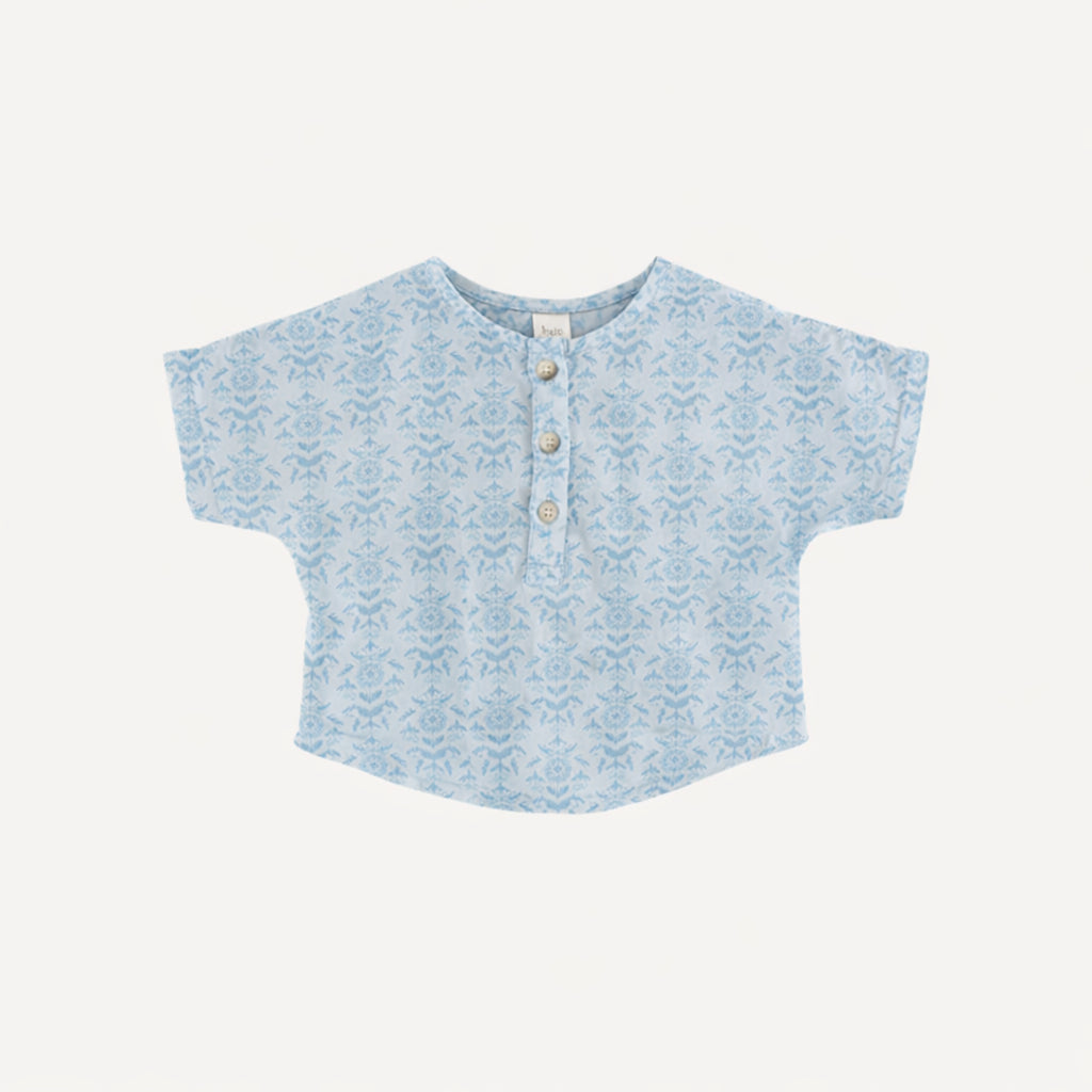 short sleeve oversized boxy henley top | cornflower folk wallpaper | organic cotton gauze