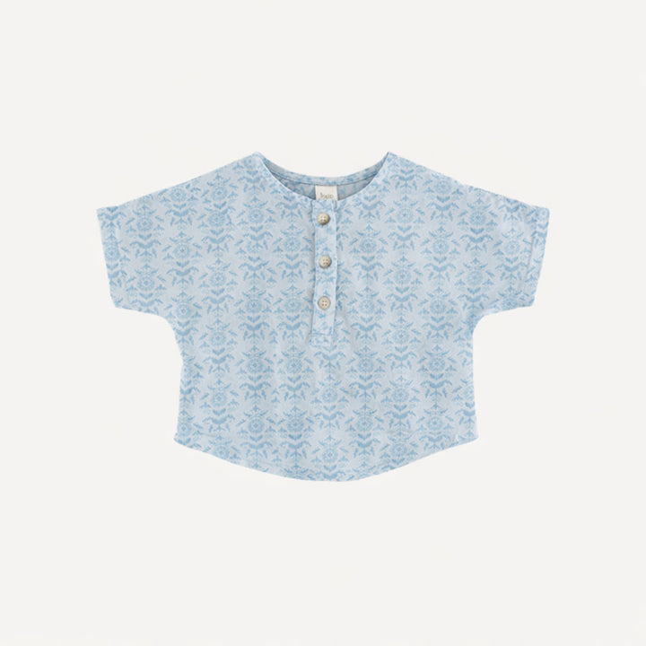 short sleeve oversized boxy henley top | cornflower folk wallpaper | organic cotton gauze