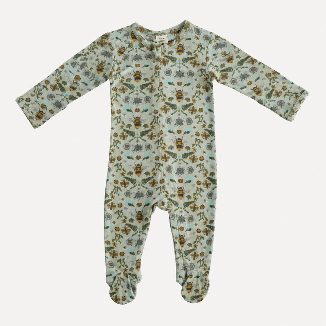 PREORDER long sleeve two way zipper footie | green litho bee | bamboo