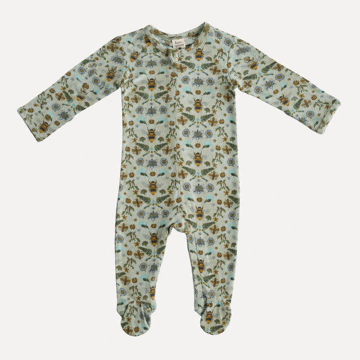 PREORDER long sleeve two way zipper footie | green litho bee | bamboo