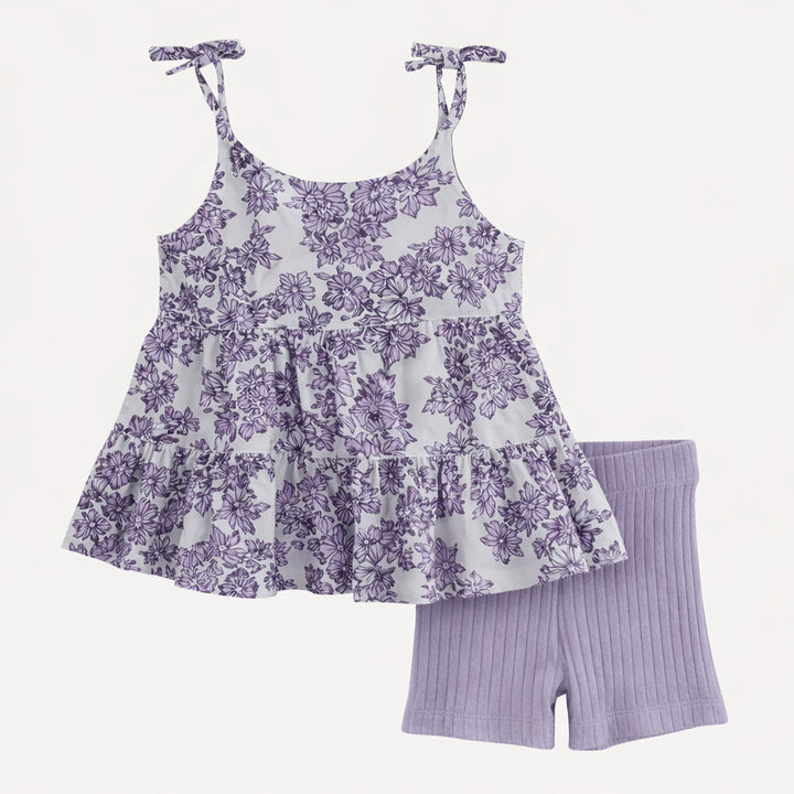 spaghetti tie prairie top + bike short set | lavender wildflower | organic cotton gauze