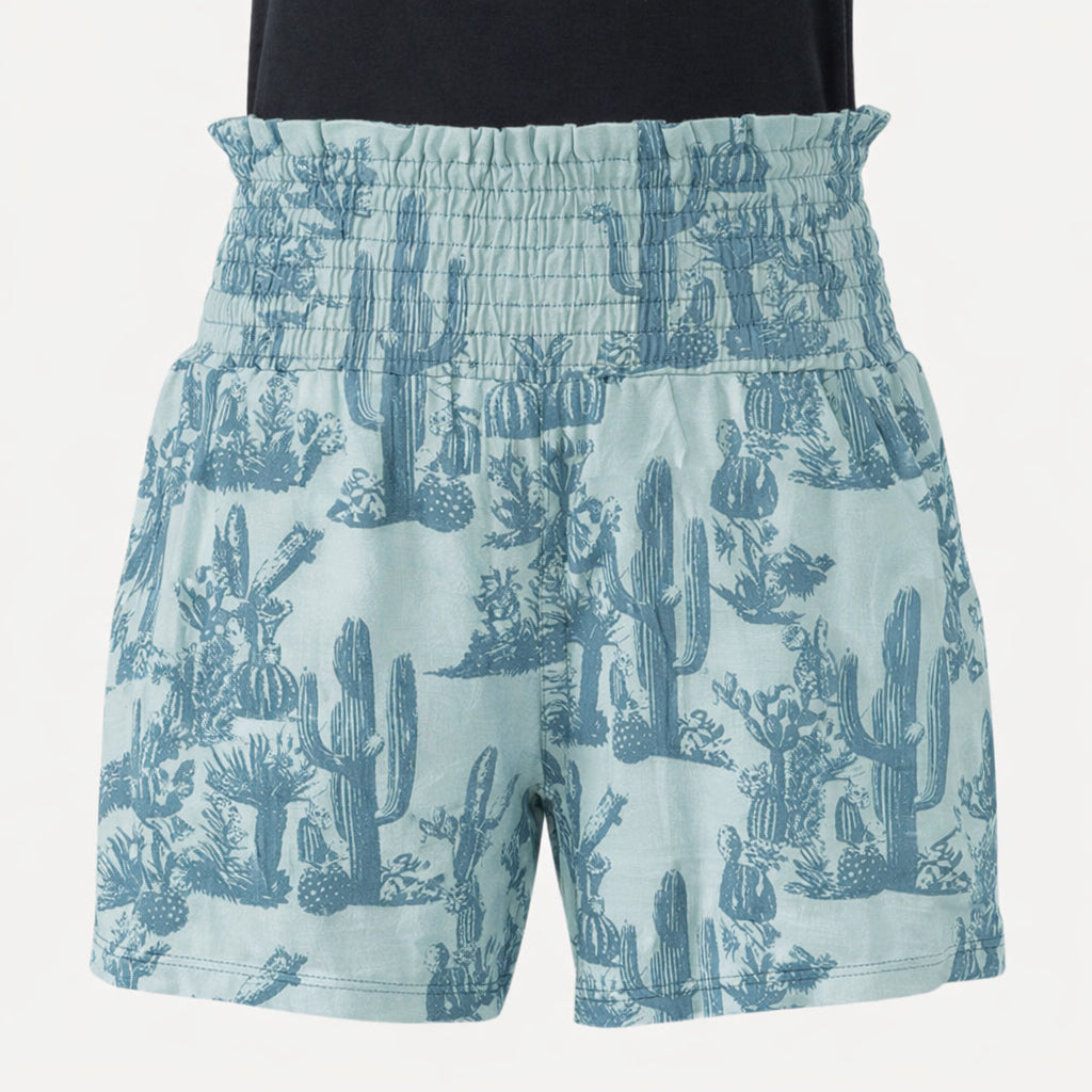 womens smocked waist short | blue cactus | organic cotton gauze