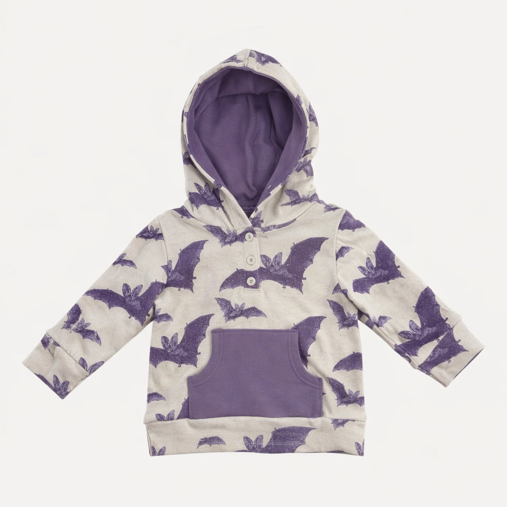 long sleeve henley hoodie | purple bats | organic cotton interlock