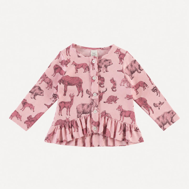 PREORDER long sleeve ruffle button top | pink forest animals | organic cotton interlock