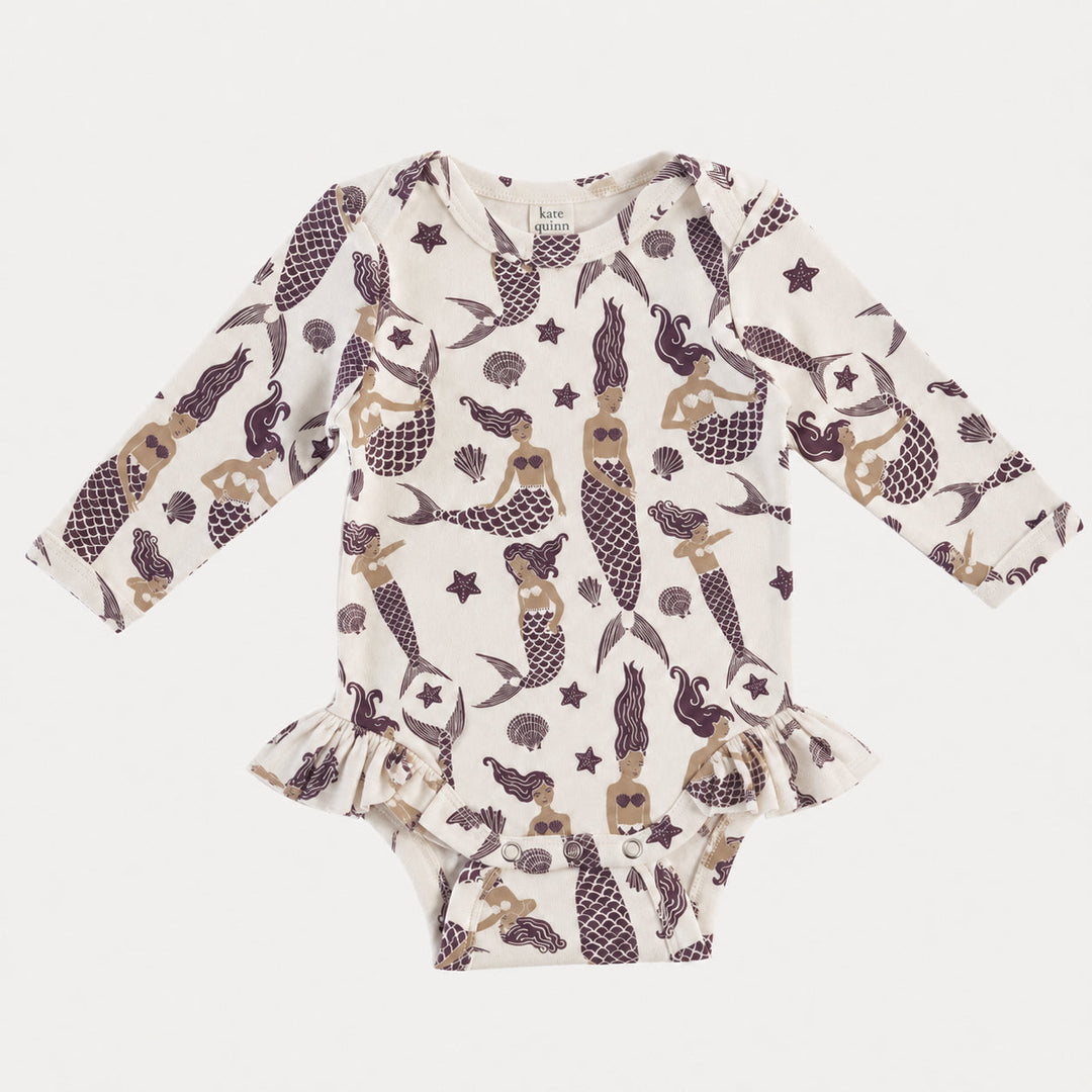 PREORDER long sleeve ruffle leg bodysuit | purple mermaids | organic cotton interlock