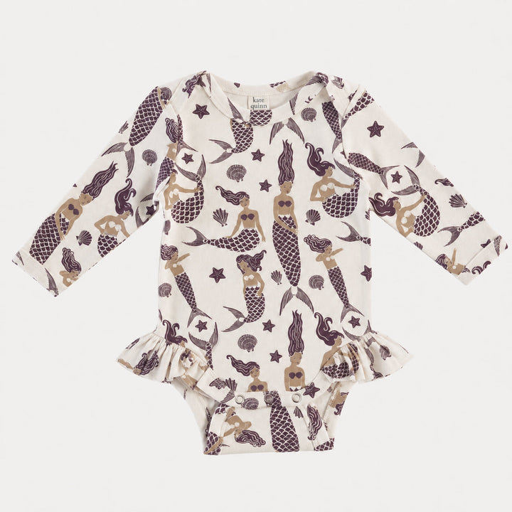 PREORDER long sleeve ruffle leg bodysuit | purple mermaids | organic cotton interlock