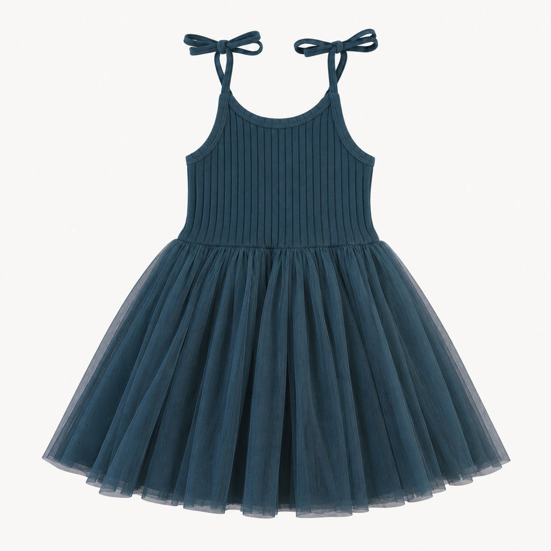 PREORDER spaghetti tie ballerina tulle dress | blue slate | organic cotton wide rib