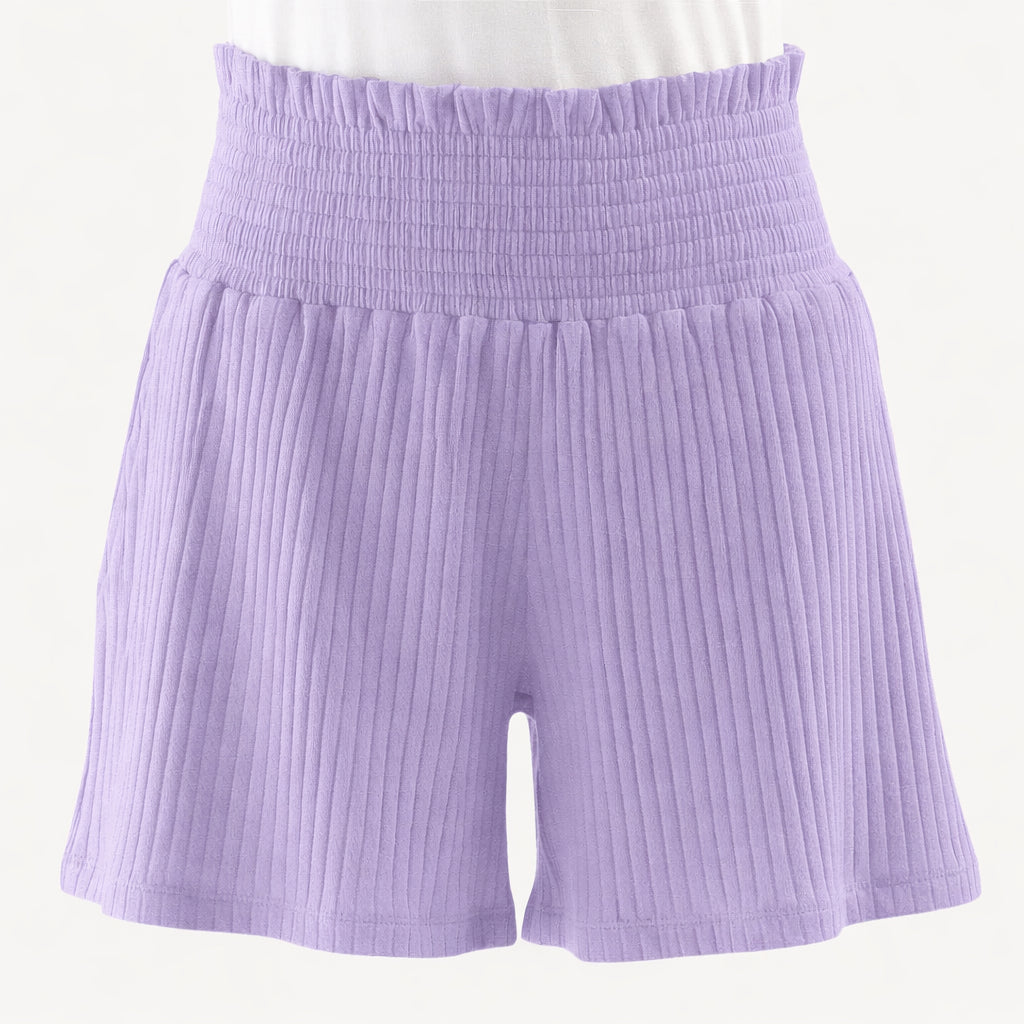 womens smocked waist short | lavender | organic cotton wide rib