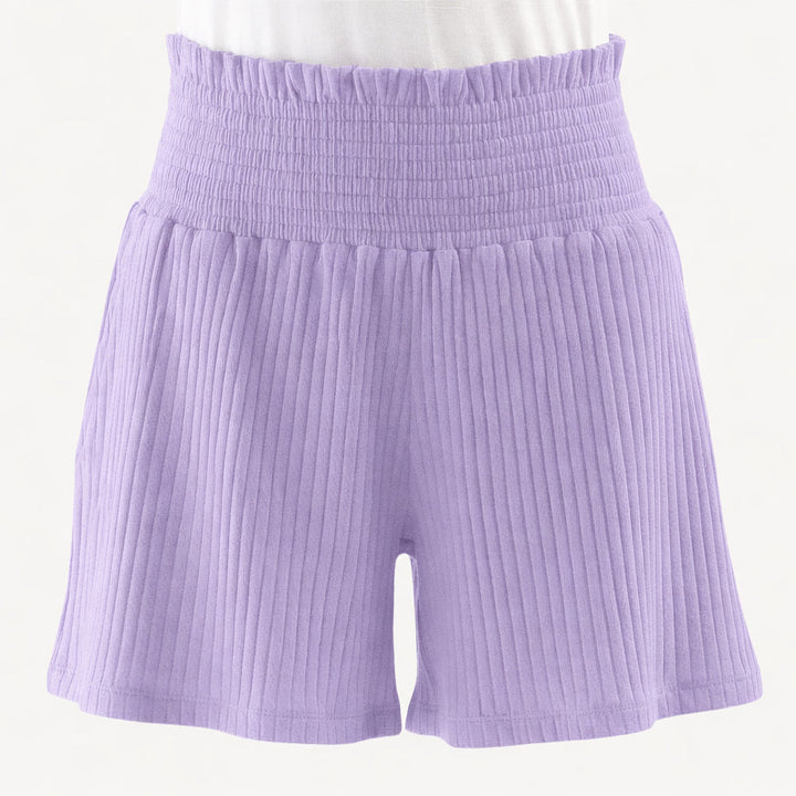 womens smocked waist short | lavender | organic cotton wide rib