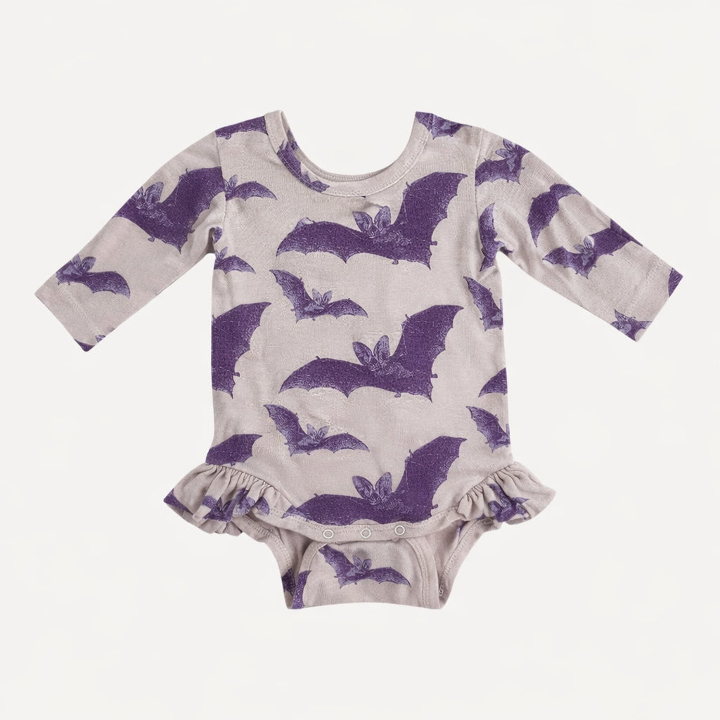 long sleeve ruffle leg bodysuit | purple bats | organic cotton interlock