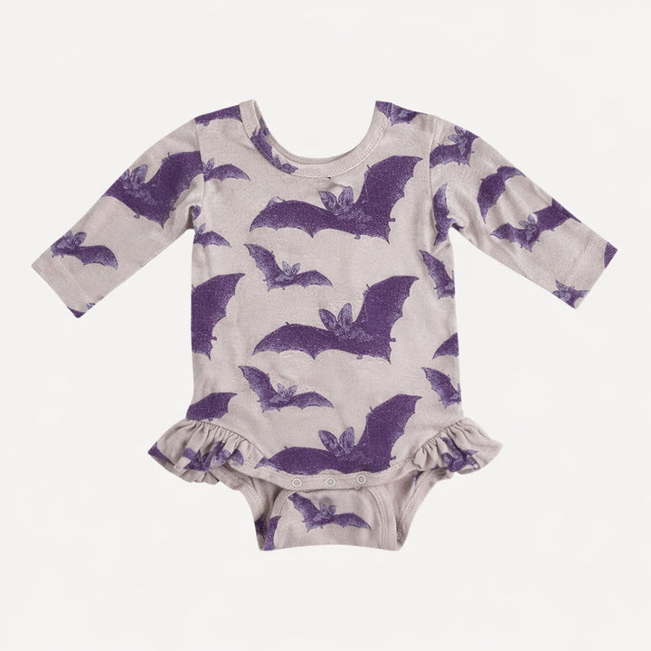 long sleeve ruffle leg bodysuit | purple bats | organic cotton interlock