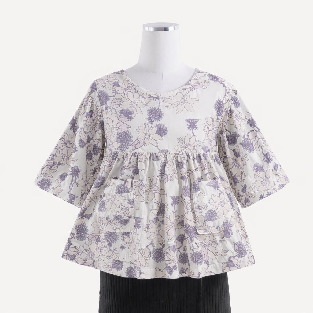 womens bell sleeve gathered tunic | mauve retro floral | organic cotton jersey