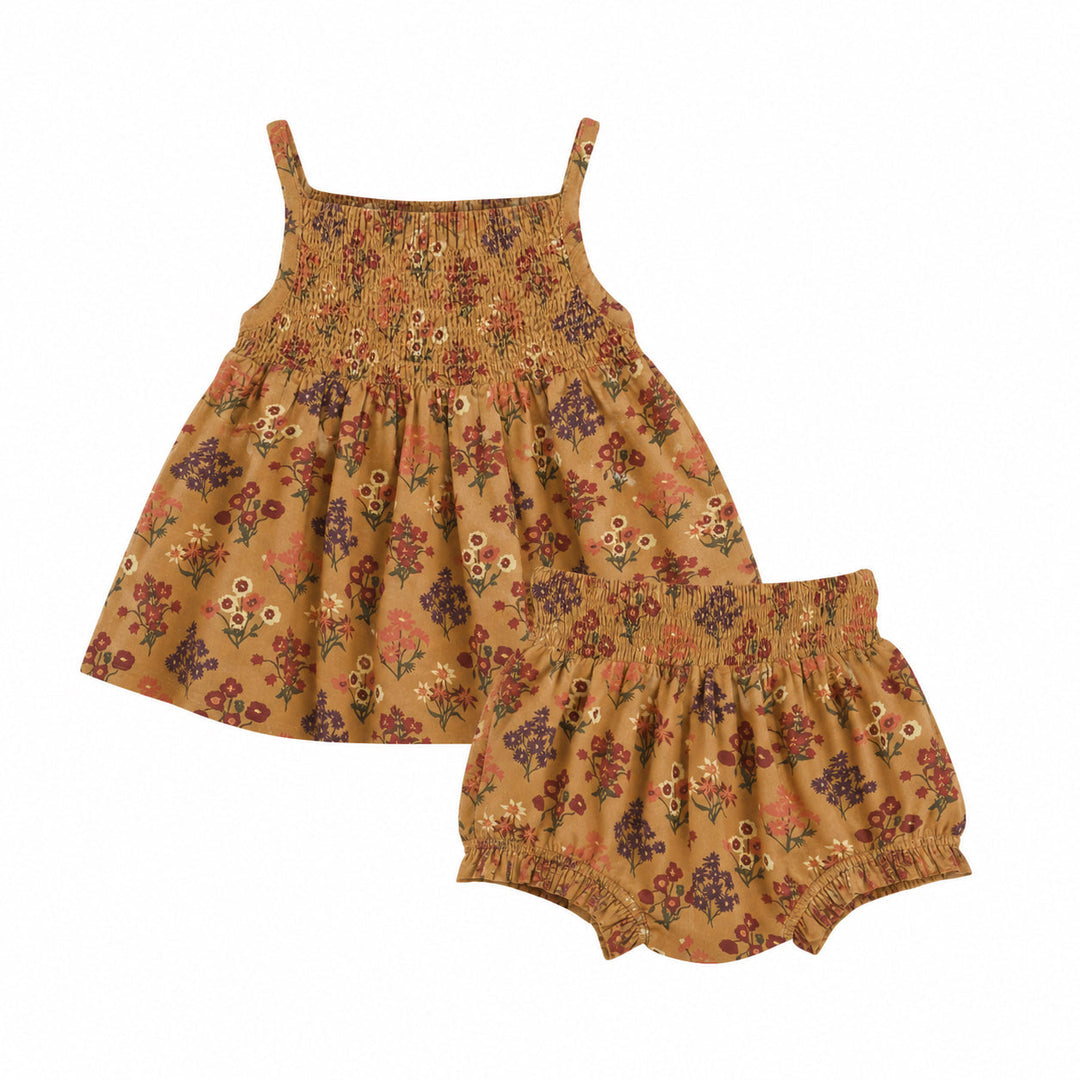 PREORDER spaghetti strap smocked top + shirred waist bloomer set | apple cinnamon floral bouquet | organic cotton interlock