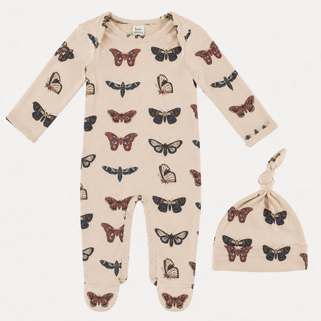 PREORDER long sleeve lap neck footie + knot hat set | moths | bamboo