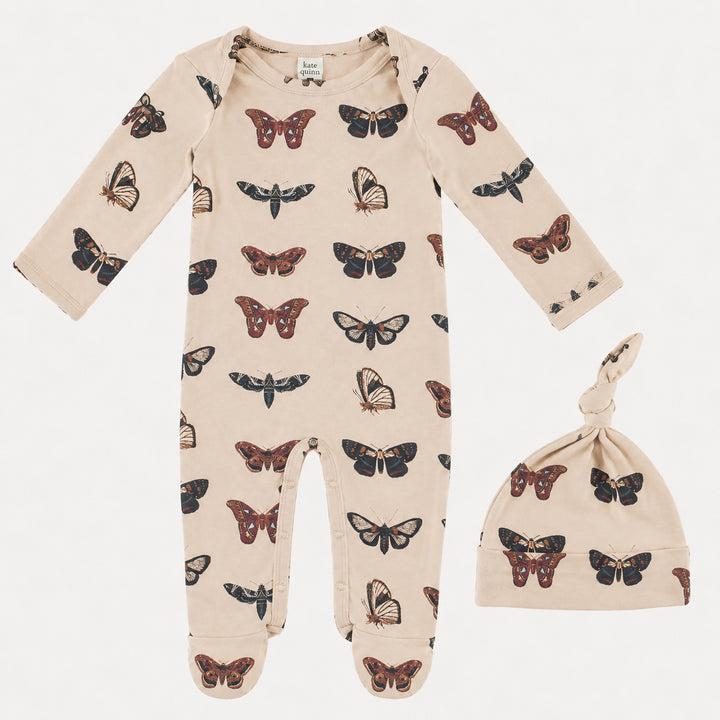 PREORDER long sleeve lap neck footie + knot hat set | moths | bamboo