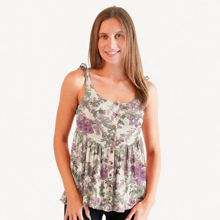PREORDER womens spaghetti tie button front v-waist top | violet queen annes lace | modal