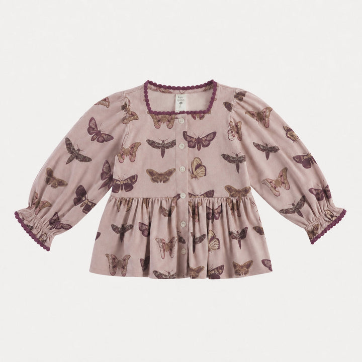 PREORDER long sleeve gathered waist pom pom top | purple moths | organic cotton interlock