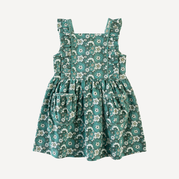piped flutter sleeve pinafore pocket dress | 60s floral | organic cotton interlock