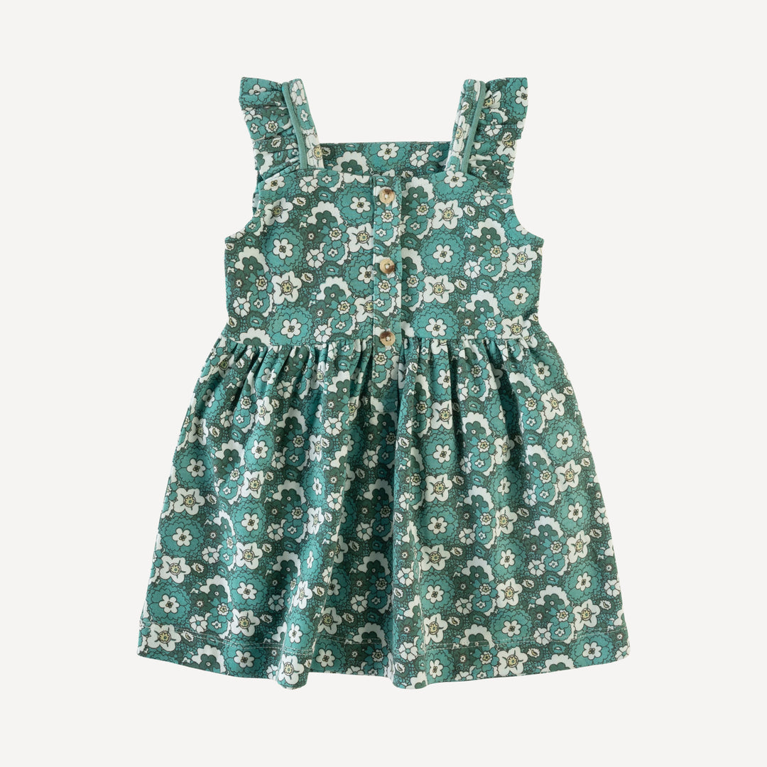 piped flutter sleeve pinafore pocket dress | 60s floral | organic cotton interlock